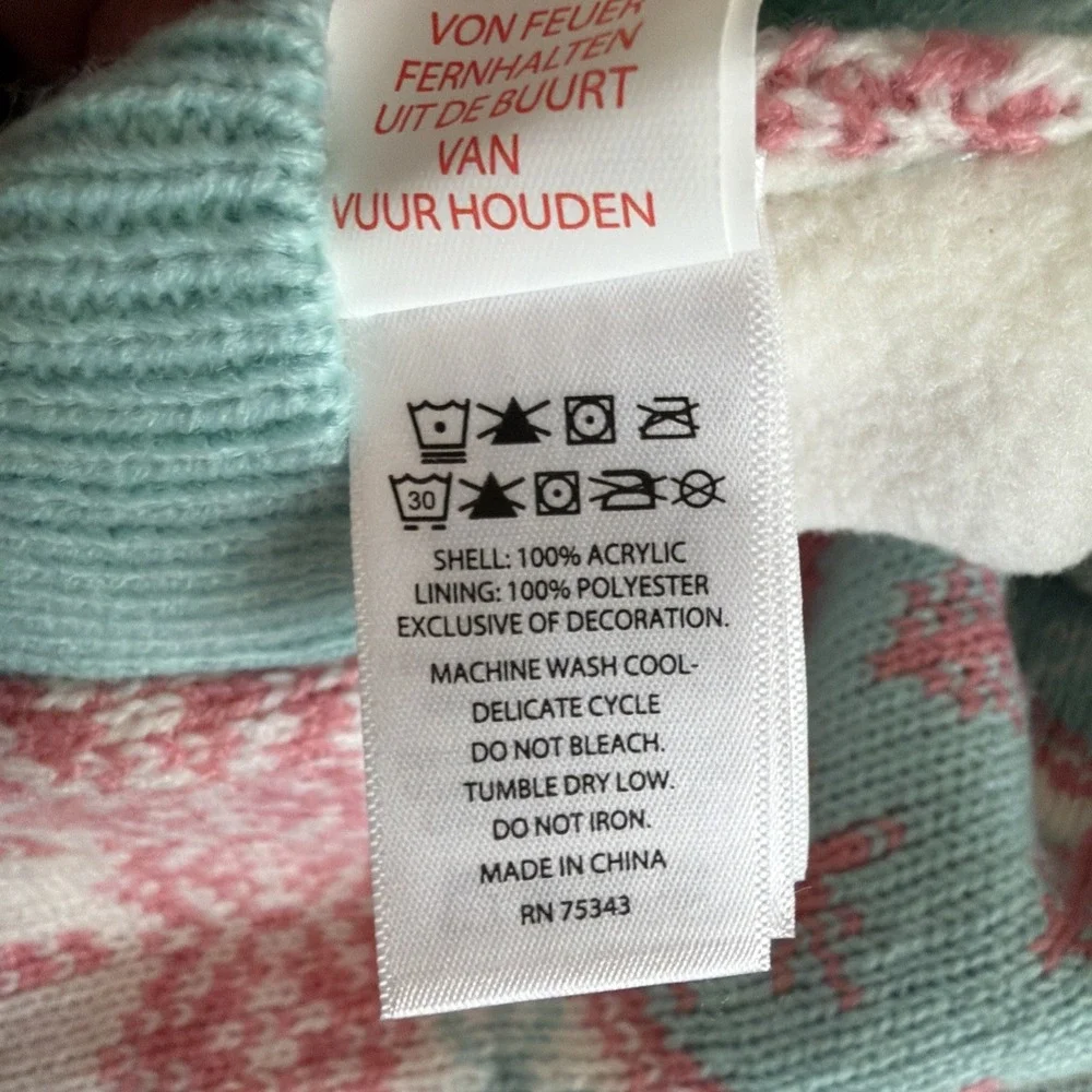 Fair Isle Dog Sweater LARGE Pink Aqua Nordic Hooded Reindeer Candy Canes Winter